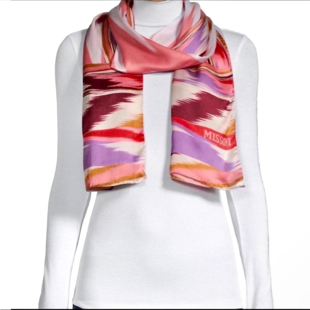 MISSONI Pink Red Multi Shades Printed 100% Silk Scarf NWT